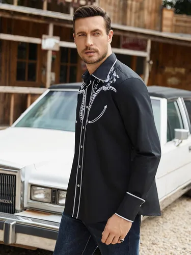 Vista 2 de Daupanzees Camisas bordadas de manga larga para hombre, ajustadas, casuales, con botones