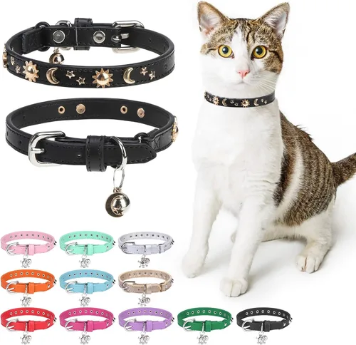 Vista 9 de Collares de cuero DILLYBUD para gatos macho y hembra con campana y cinturón elástico de seguridad, collar ajustable con hebilla de seguridad