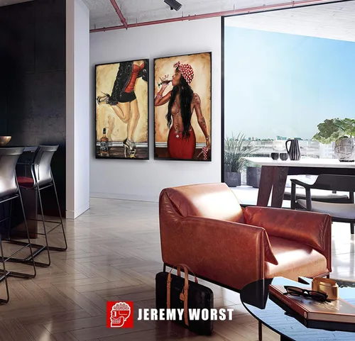Vista 3 de JEREMY WORST " Sexy Urban and Music wall art " by Jeremy Worst Posters Canvases Decor Urban Culture Painting Woman Drinking Wine Whiskey Gifts