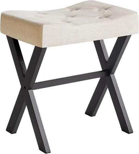 Vista 14 de IBUYKE Taburete de tocador de PU en forma de U, silla cuadrada de maquillaje con patas en X, taburete reposapiés otomano, multiusos como mesa Negro