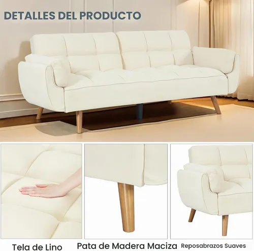Vista 4 de Sofá cama futón de 75 pulgadas, sofá cama convertible con respaldo ajustable, sofá moderno de lino, cómodo sofá reclinable para espacios pequeños