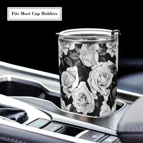 Vista 5 de Taza de acero inoxidable simple rosa en blanco y negro con tapa de pajilla, taza de café de viaje aislada para bebidas calientes y frías, taza