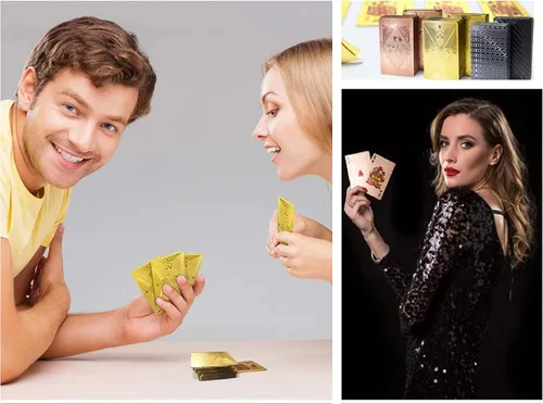 Vista 6 de 3 barajas de cartas impermeables de plástico para jugar cartas de póquer, color negro y oro rosa, cartas temáticas estándar de póquer impermeables
