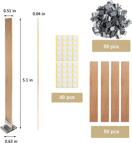 Vista 4 de 120 mechas de madera para velas, madera natural de 0.039 pulgadas de grosor con calcomanías de mecha y clips para hacer velas de bricolaje