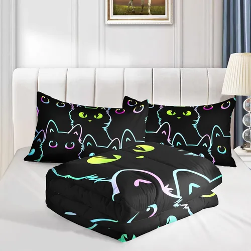 Vista 4 de Axolotl - Juego de ropa de cama para niños con diseño de gatos de dibujos animados tamaño individual, juego de edredón con líneas degradadas y lindo