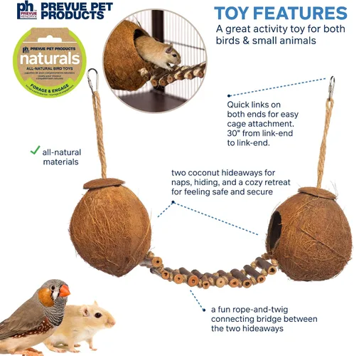 Vista 3 de Prevue Pet Products Naturals - Caminata de coco doble para animales pequeños y pájaros 62818,16X4X9 Escondite de coco 100% natural, puente y túnel