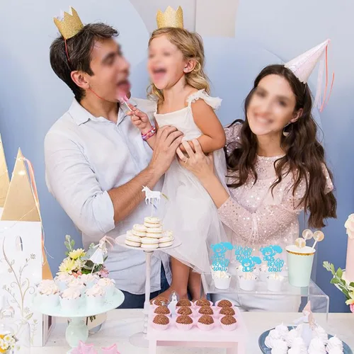 Vista 7 de 24 PIEZAS Oso de Peluche con Texto "We Can Bearly Wait" Adornos de Cupcake con Purpurina, Globo Oso para Revelación de Género, Adornos de Baby