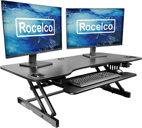 Vista 25 de Rocelco - Convertidor de escritorio para trabajar de pie con altura ajustable de 32 pulgadas - Bandeja retráctil deslizable - Elevador de monitor