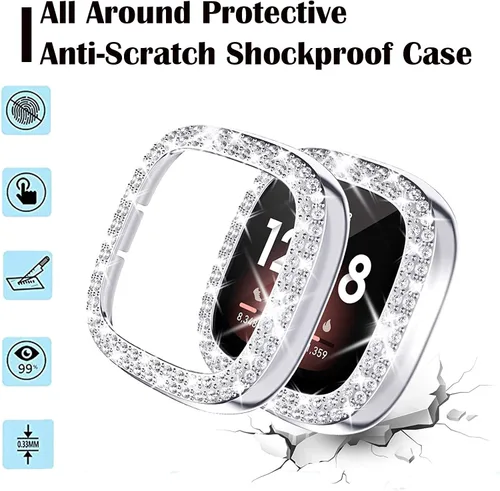 Vista 2 de Funda protectora brillante compatible con Fitbit Versa 3/Sense, marco de parachoques de diamantes de imitación de cristal brillante para mujer
