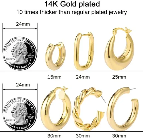 Vista 2 de Juego de 6 pares de aretes de aro de oro grueso para mujer, chapados en oro de 14 quilates, hipoalergénicos, gruesos y abiertos, joyería para regalos
