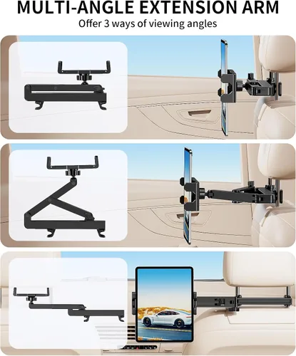 Vista 4 de Soporte para tablet para reposacabezas de automóvil [brazo de extensión resistente 3 en 1] Soporte ajustable para iPad para asiento trasero