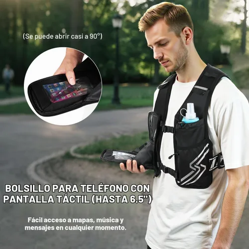 Vista 4 de Chaleco de Correr para Hombres y Mujeres, Chaleco de Hidratación para Correr con Botella Suave de 500ml y Bolsillo para Teléfono con Pantalla
