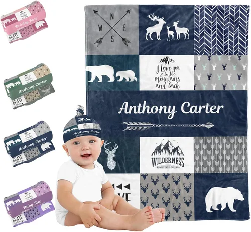 Vista 10 de Mantas de bebé personalizadas para niños y niñas, mantas de bosque personalizadas con nombre y sombrero, color rojo