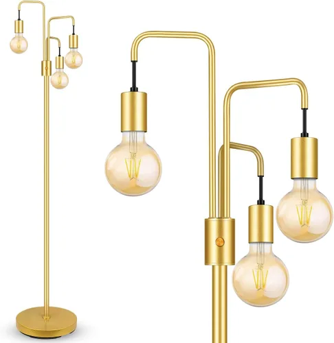 Vista 8 de Lámpara de pie industrial BoostArea para sala de estar, lámpara de pie moderna dorada con 3 luces, lámpara de pie para pararse con diseño simple