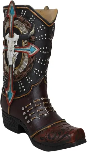 Vista 4 de Ebros Gift Rústica Country Western Cow Skull Turquesa Cruz y Alambres de púas de cuero sintético de vaquero Bota de vaquero decorativa florero