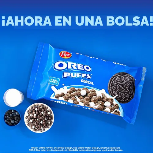 Vista 6 de Post OREO PUFFS® Cereal de desayuno de chocolate, taza de 1 oz, paquete de 12 Bocadillos de chocolate con malvaviscos y rico sabor a galleta