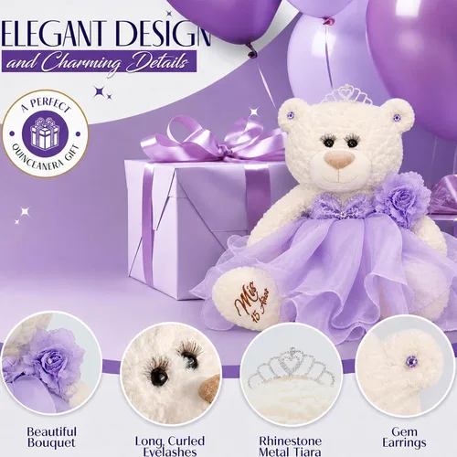 Vista 5 de Centro de mesa grande de 20.0 in de oso de peluche de quinceañera, vestido elegante, regalo de recuerdo de gran tamaño para 15 años, decoración