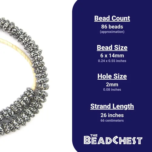 Vista 3 de The Bead Chest Fused Rondelle - Cuentas de vidrio reciclado, 0.551 in, color blanco y negro, hilo de 24 pulgadas, hechas a mano en Ghana