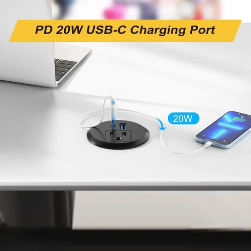 Vista 3 de Ojal de alimentación de escritorio de 2 pulgadas USB C PD de 20 W, enchufe de regleta de alimentación empotrada con enchufes de CA y 2 puertos