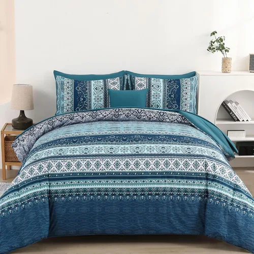 Vista 27 de Cottolester - Juego de edredón bohemio de tamaño matrimonial, 8 piezas, ropa de cama de microfibra suave en una bolsa, rayada y de color aguamarina