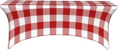 Vista 2 de mantel elástico de 6 pies, mantel rectangular ajustable de lana cuadriculada de color rojo y blanco para fiesta, banquete, festival, boda
