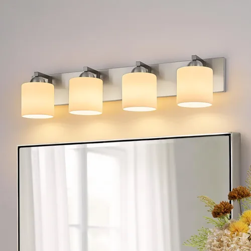 Vista 20 de mirrea Lámpara de tocador negra de 1 luz para espejo, aplique de pared de baño con pantallas de vidrio blanco esmerilado