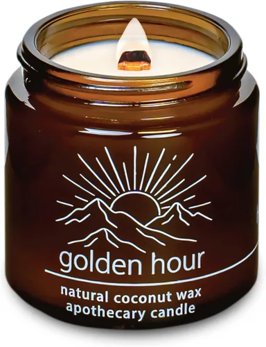 Vista 9 de Vela de mecha de madera agrietada Hemlock Park hecha a mano con cera de coco natural (grande de 16 oz, ámbar) Coconut Apricot Wax Crackling Wood