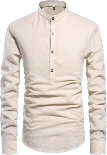 Vista 3 de NITAGUT Camisas de lino de manga larga con cuello Henley para hombre