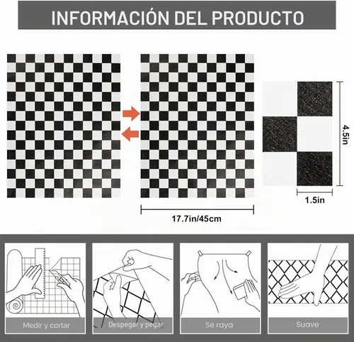 Vista 3 de Papel Adhesivo en Contacto Blanco y Negro en Mosaico a Cuadros, Papel Pintado Desmontable y Autoadhesivo en Lattice, Vinilo Impermeable en Rollo