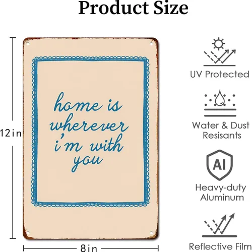 Vista 2 de Póster de metal retro con texto en inglés «Home Is Wherever I'M With You» para garaje, hombre, cueva, baño, dormitorio, granja, inspirador, arte