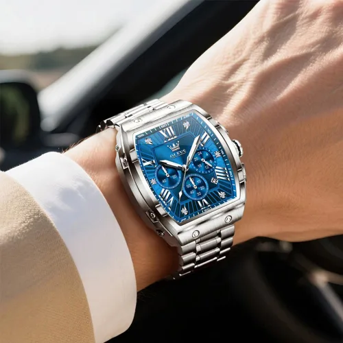 Vista 3 de OLEVS Relojes para Hombres Cronógrafo Impermeable Cara Rectangular Fase Lunar Correa de Acero Inoxidable Relojes de Vestir para Hombres Luminoso