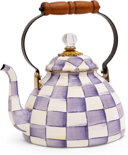 Vista 16 de MACKENZIE-CHILDS Tetera esmaltada, elegante tetera para estufa, cuadros cortesanos en blanco y negro, 3 cuartos de galón color fantasía