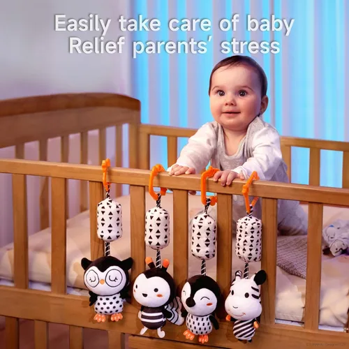 Vista 6 de TUMAMA Juguetes de bebé blanco y negro para 3, 6, 9, 12 meses, sonajeros colgantes de felpa, juguetes de cochecito para recién nacidos para niños