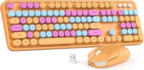 Vista 8 de MOWUX Combo de teclado y mouse inalámbricos, máquina de escribir de tamaño completo, teclado de computadora redondo retro, lindo mouse óptico, 2.4G