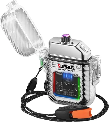 Vista 8 de SUPRUS Luminoso 3 modos de linterna resistente al viento, impermeable, encendedor eléctrico recargable de plasma de doble arco con silbato de Negro
