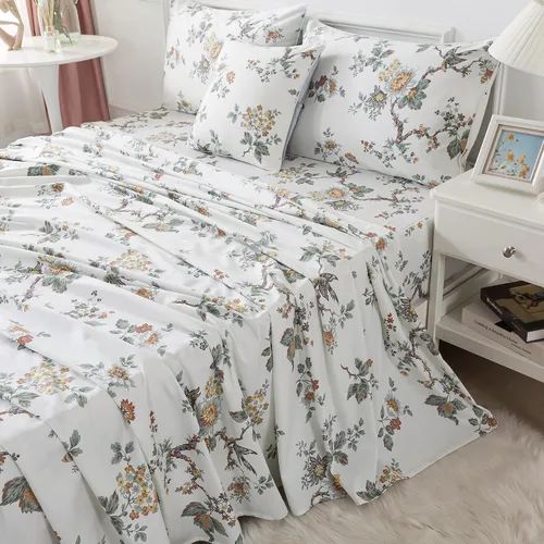 Vista 2 de FADFAY Elegante juego de sábanas con estampado de pájaros beige desgastado, 100% algodón, ultra suave, para niñas, con bolsillo profundo, 4 piezas