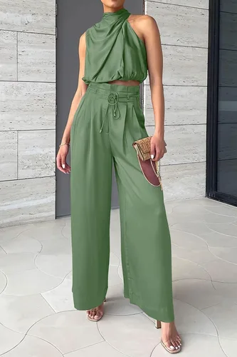Vista 6 de PRETTYGARDEN Womens 2024 Summer Sleeveless Mock Neck Crop Tops Wide Leg Pants Set