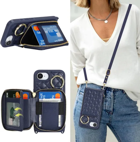 Vista 14 de Funda tipo cartera para iPhone 17e/16e, diseño de leopardo negro Funda de piel sintética con cremallera para bolso, funda con función atril