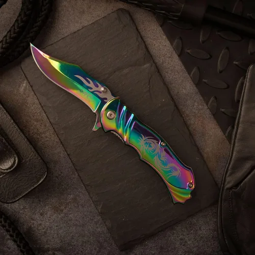 Vista 2 de MASTER USA Masters Collection MC-A003RB Fantasy Spring Assist - Cuchillo plegable, hoja de arcoíris, mango arcoíris, 4.5 pulgadas cerrado