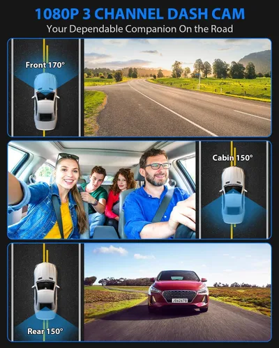Vista 9 de Cámara de tablero frontal y trasera, cámara de tablero 1080P para automóviles, cámara de automóvil de 3 canales frontal trasera e