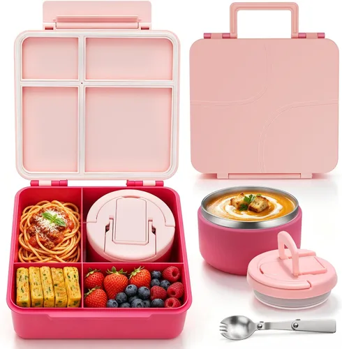 Vista 9 de MAXSO Set de Lonchera Bento para Niños con Termo de Sopa de 8 oz, Envase para Comida Caliente a Prueba de Fugas con 4 Compartimentos, Tarro