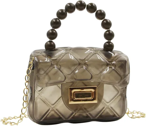 Vista 6 de Bolso cruzado para niñas pequeñas, mini bolso de gelatina, color caramelo, bolsa de hombro transparente con asa superior de perlas