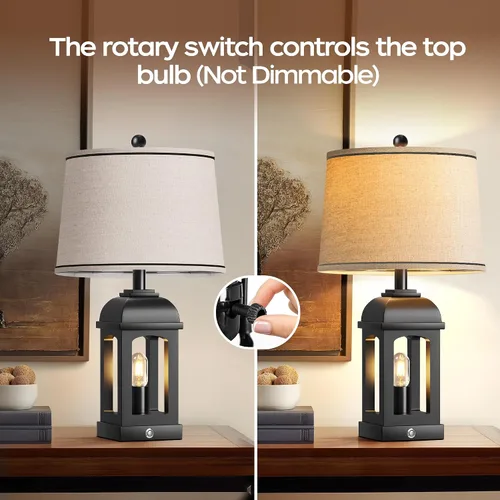Vista 3 de QiMH Lámpara de mesa para sala de estar, lámparas de granja con USB A+C y luz nocturna, lámparas de noche rústicas de 26" con control táctil