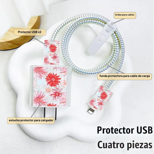 Vista 2 de Lindo protector de cable para cargador adaptador de iPhone, diseño de flores de crisantemo rojo, cable de datos de TPU suave, funda USB-C