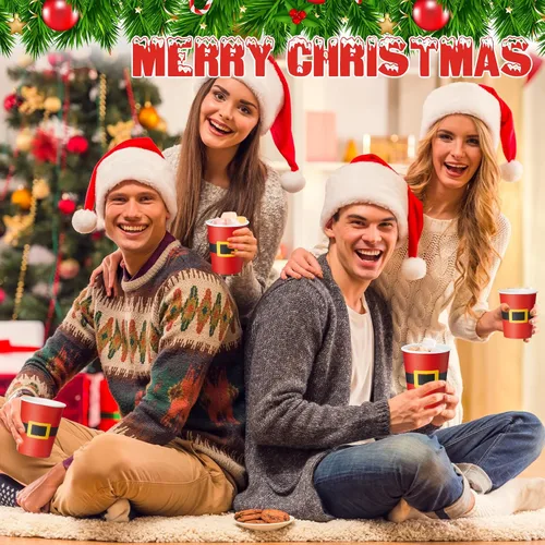 Vista 4 de Yaomiao 300 tazas de papel de Navidad de 9 onzas, diseño de cinturón de Papá Noel, desechables, tazas de café de cacao caliente para Navidad, a