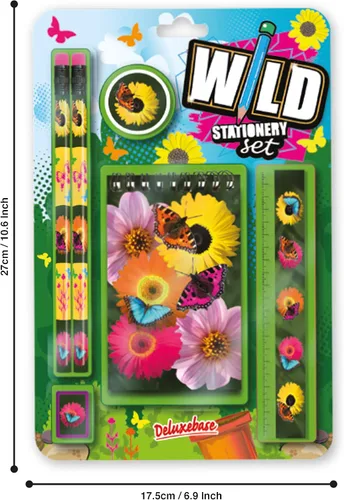 Vista 3 de Deluxebase Wild Stationery Set - Mariposa de animales de papelería con 2 lápices, borrador, sacapuntas, regla y lindo cuaderno. Suministros