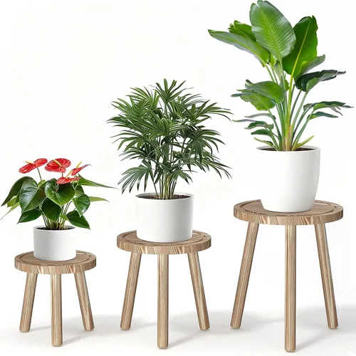 Vista 8 de Paquete de 3 soportes para plantas de interior y exterior, estilo moderno de mediados del siglo, taburete para plantas de madera, porta macetas