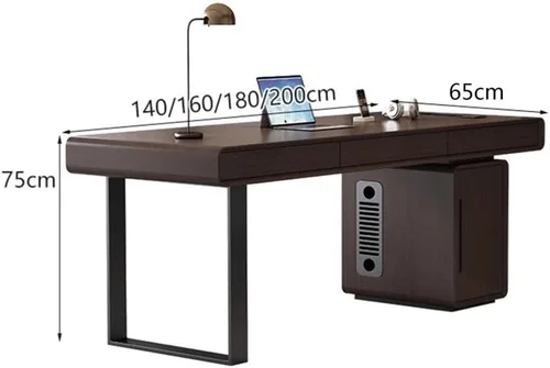 Vista 3 de Modern Executive Office Desk with Drawers and File Cabinet, Smoky Color Wood Writing Desk Workstation with Outlets(140cm)