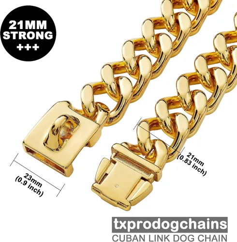 Vista 3 de txprodogchains Collar de cadena para perro grande con hebilla, resistente de 0.827 in de grosor, acero inoxidable, oro de 18 quilates, cadena