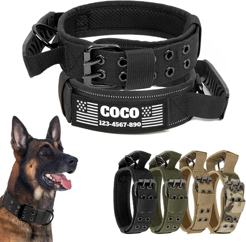 Vista 10 de Collar táctico personalizado para perro con parches de nombre y números, collar personalizado resistente con hebilla de cinturón de metal de 2 pines